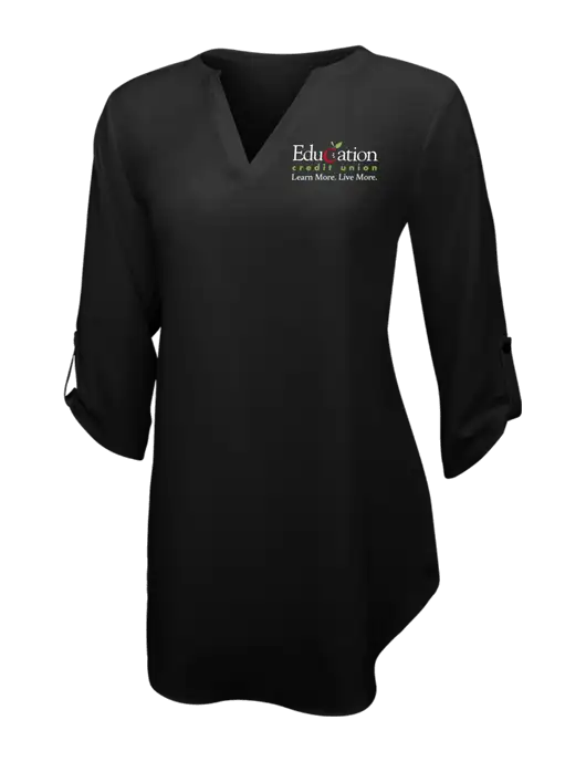 Womens Black 3/4 Sleeve Tunic Blouse w/Education Credit Union Logo