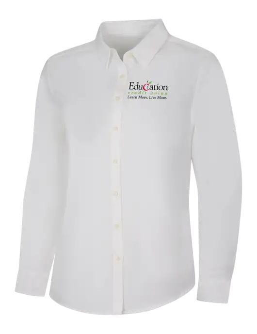 Womens White Long Sleeve Superpro React Twill Shirt w/Education Credit Union Logo