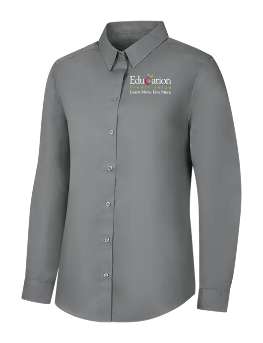 Womens Medium Grey Long Sleeve Carefree Poplin Shirt w/Education Credit Union Logo