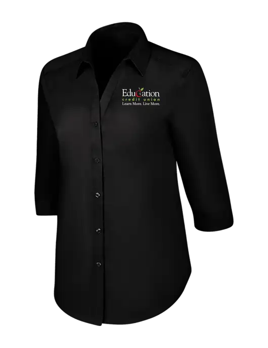 Womens Black 3/4 Sleeve Carefree Poplin Shirt w/Education Credit Union Logo