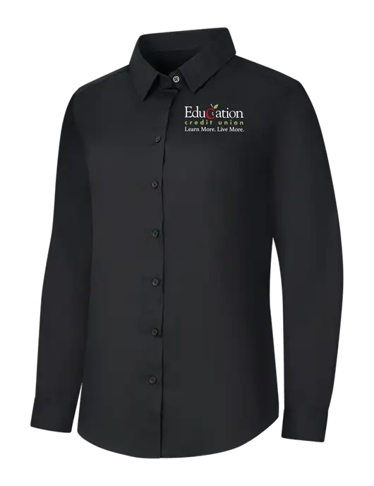 Womens Black Long Sleeve Carefree Poplin Shirt w/Education Credit Union Logo