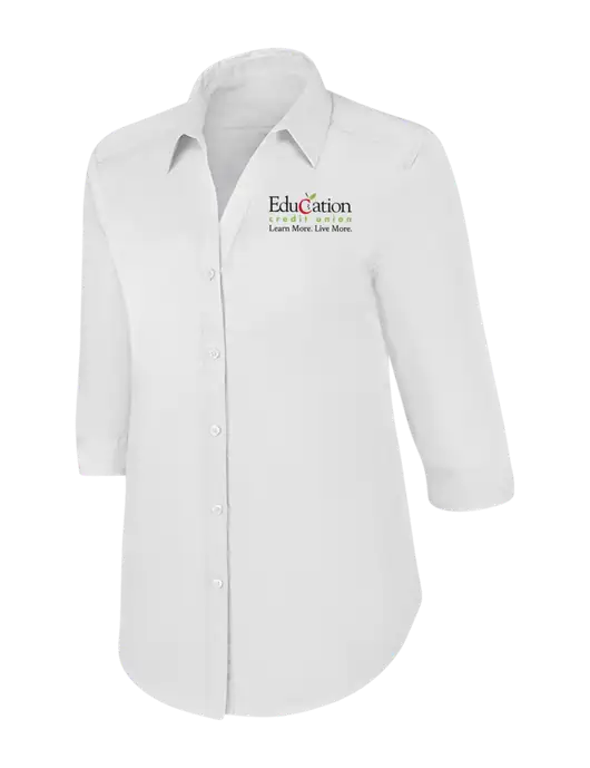Womens White 3/4 Sleeve Carefree Poplin Shirt w/Education Credit Union Logo