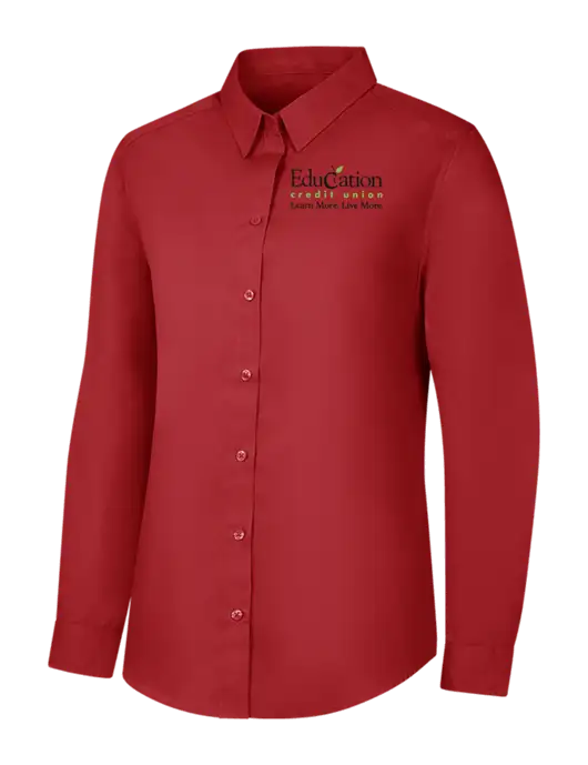 Womens Rich Red  Long Sleeve Carefree Poplin Shirt w/Education Credit Union Logo