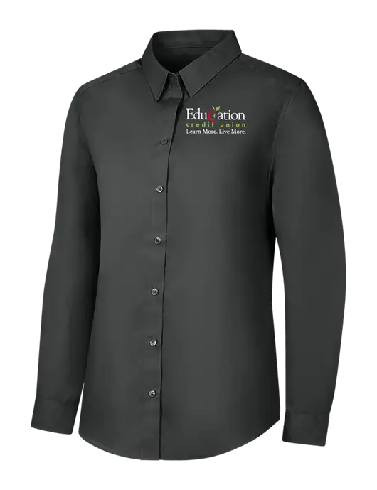 Womens Dark Grey Long Sleeve Carefree Poplin Shirt w/Education Credit Union Logo