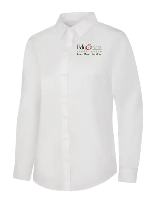Womens White Long Sleeve Carefree Poplin Shirt w/Education Credit Union Logo