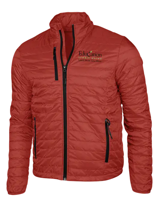 Dark Red Puffy Packable Jacket w/Education Credit Union Logo