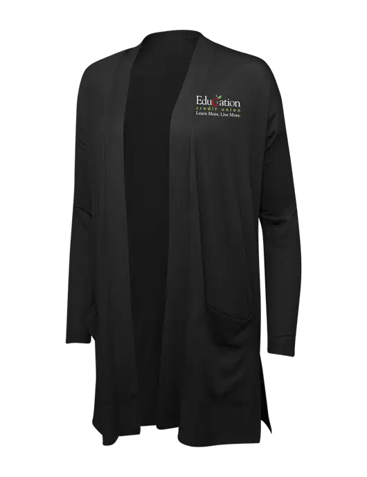 Black Womens Concept Long Pocket Cardigan w/Education Credit Union Logo