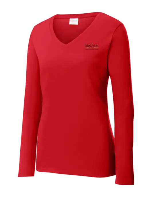Womens  V-Neck Ring Spun Bright Red 4.5 oz Long Sleeve T-Shirt w/Education Credit Union Logo