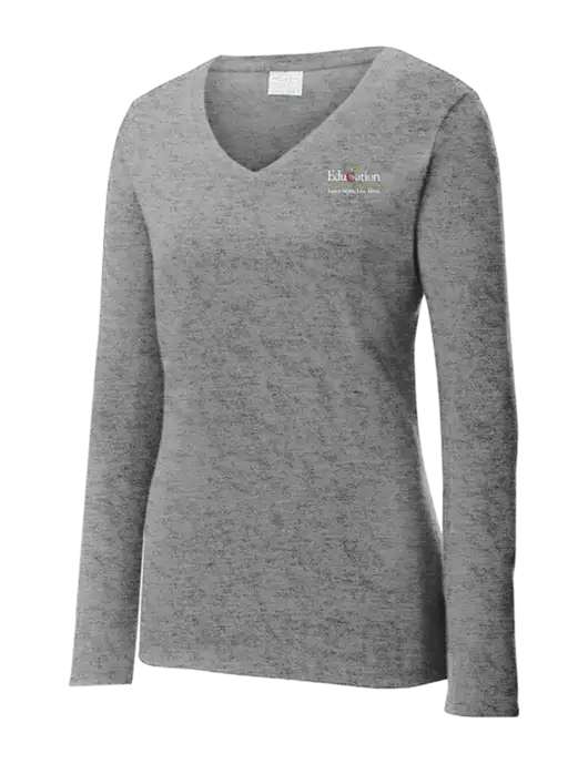 Womens  V-Neck Ring Spun Grey Heather 4.5 oz Long Sleeve T-Shirt w/Education Credit Union Logo