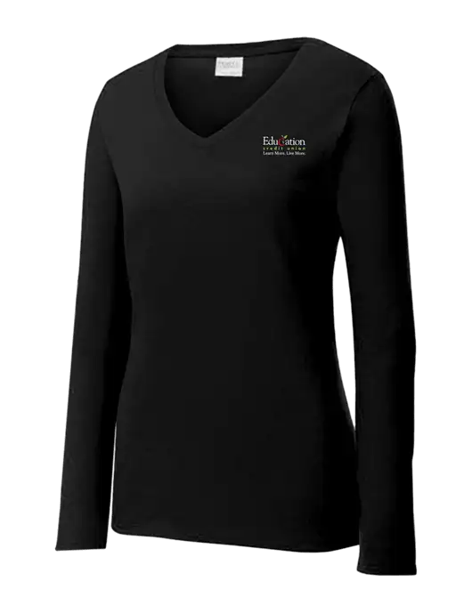 Womens V-Neck Ring Spun Jet Black 4.5 oz Long Sleeve T-Shirt w/Education Credit Union Logo