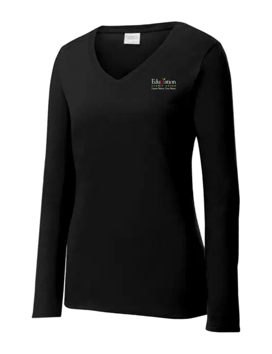 Womens V-Neck Ring Spun Jet Black 4.5 oz Long Sleeve T-Shirt w/Education Credit Union Logo