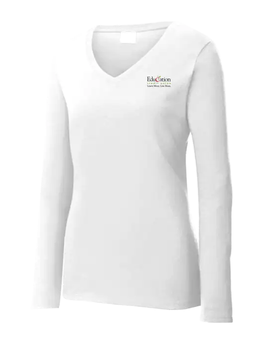 Womens  V-Neck Ring Spun White 4.5 oz Long Sleeve T-Shirt w/Education Credit Union Logo