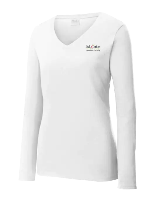Womens  V-Neck Ring Spun White 4.5 oz Long Sleeve T-Shirt w/Education Credit Union Logo