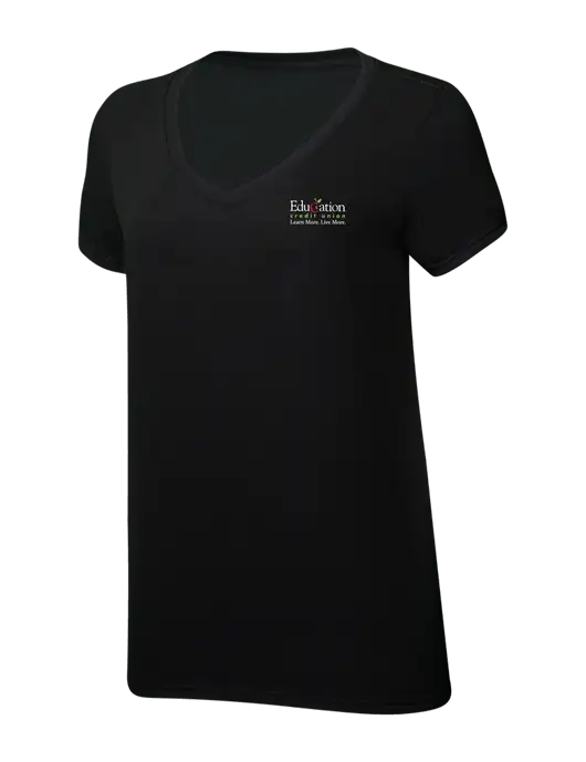 Womens Simply Soft V-Neck Black 4.5oz  Poly/Combed Ring Spun Cotton T-Shirt w/Education Credit Union Logo