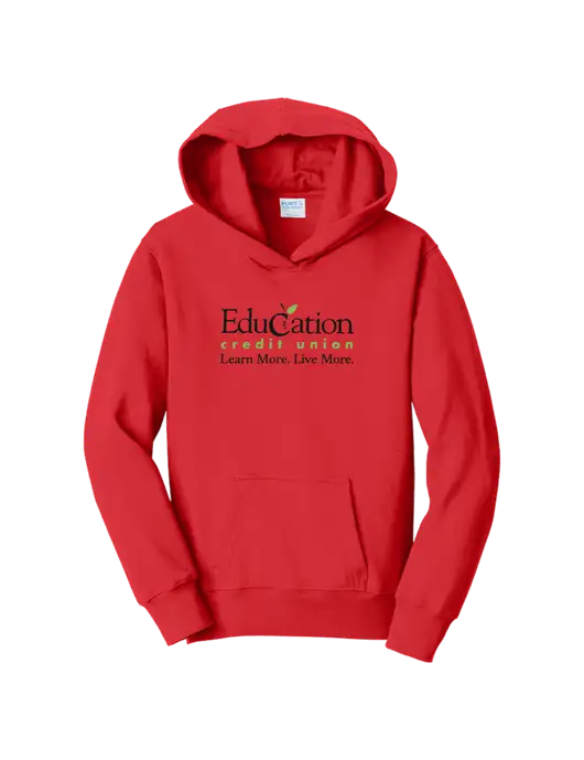 Youth Bright Red 8.5 oz Ring Spun Pullover Hooded Sweatshirt w/Education Credit Union Logo