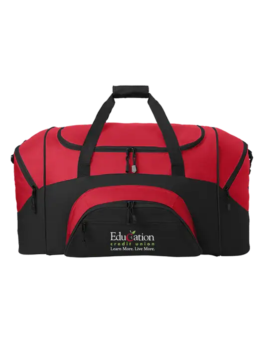 Standard Colorblock Red/Black Sport Duffel w/Education Credit Union Logo
