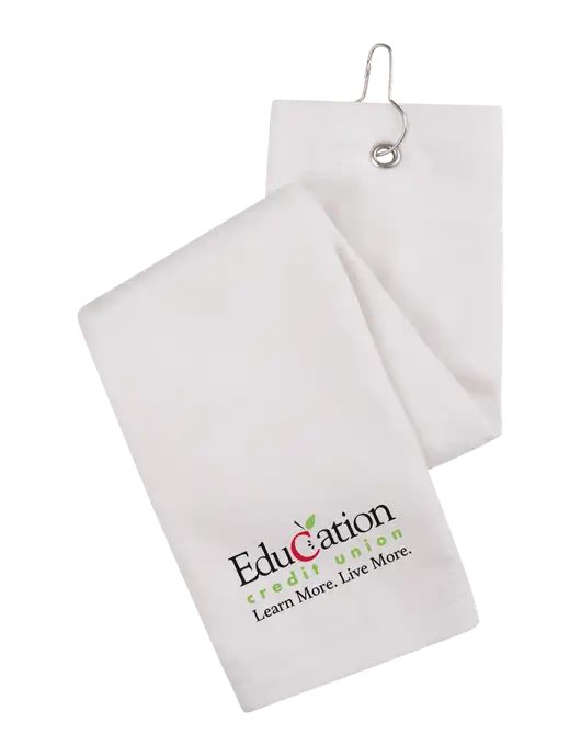 White Tri-Fold Golf Towel with Grommet w/Education Credit Union Logo