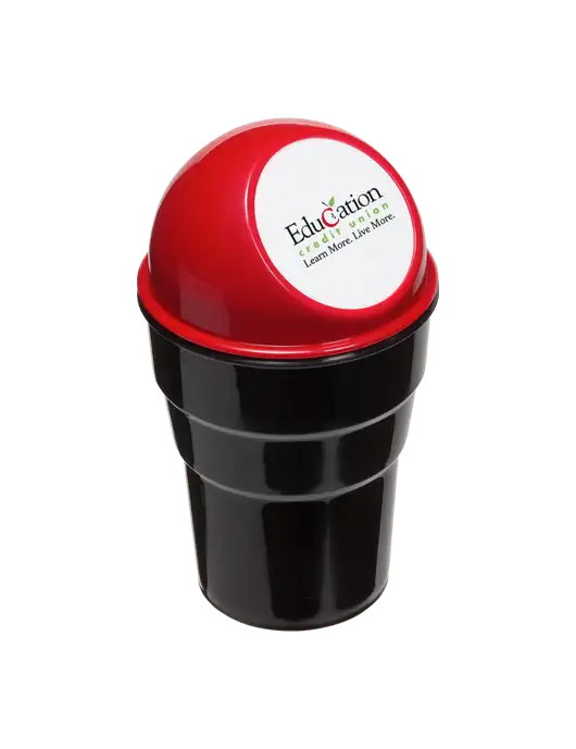 Red Car Cup Holder Trash Can w/Education Credit Union Logo