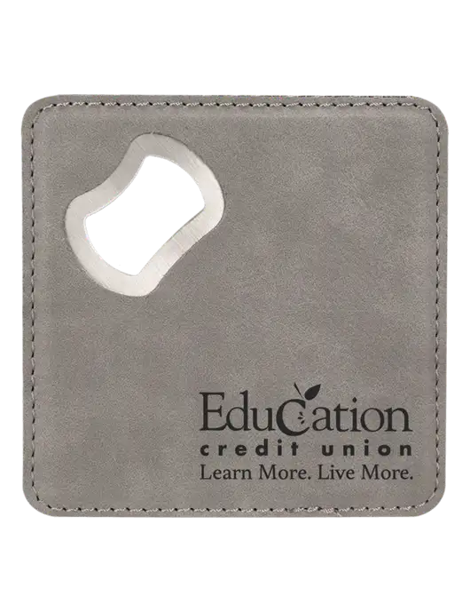 Grey Leatherette Coaster with Bottle Opener w/Education Credit Union Logo
