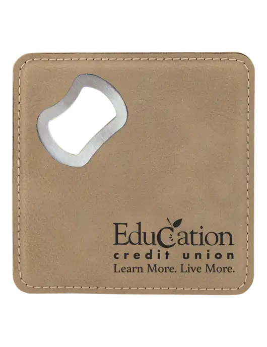 Tan Leatherette Bottle Opener Coaster w/Education Credit Union Logo