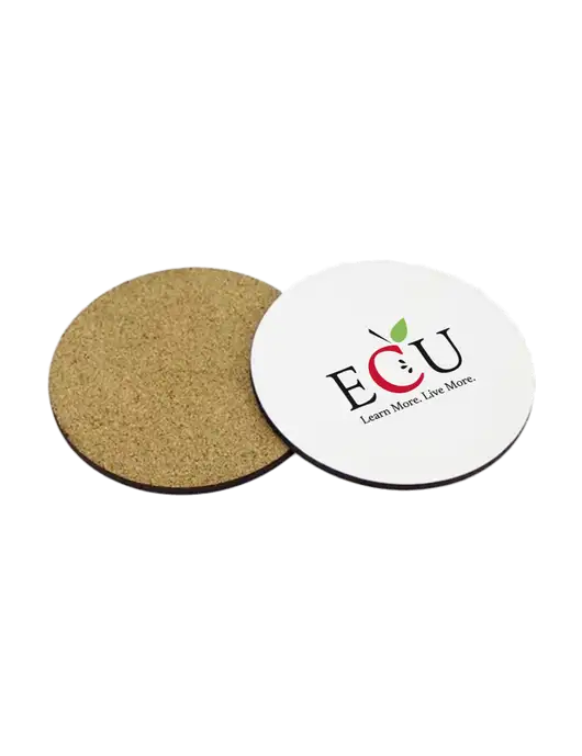Gloss White Hardboard Round Coaster w/Cork Back, 3.75 w/Education Credit Union shortened Logo