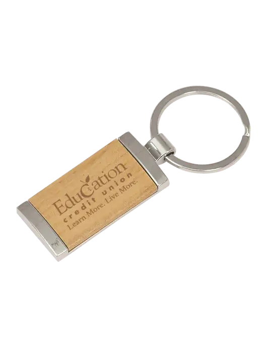 Wood & Silver Rectangle Keychain w/Education Credit Union Logo