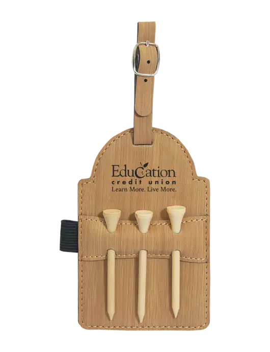 Bamboo Leatherette Golf Bag Tag with 3 Wooden Tees w/Education Credit Union Logo