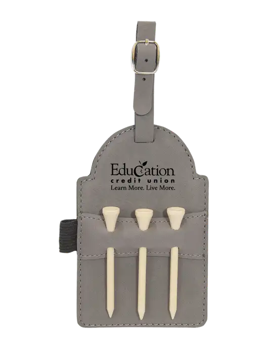 Grey Leatherette Golf Bag Tag with 3 Wooden Tees w/Education Credit Union Logo