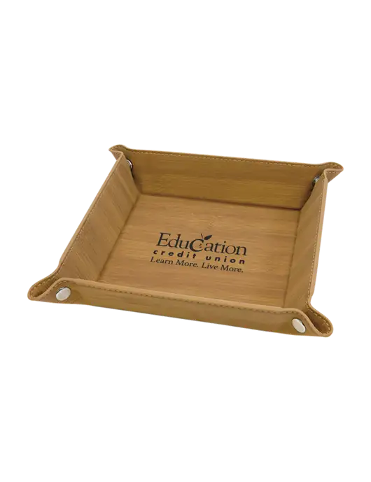 Bamboo Leatherette Valet Tray, 6 x 6 w/Education Credit Union Logo