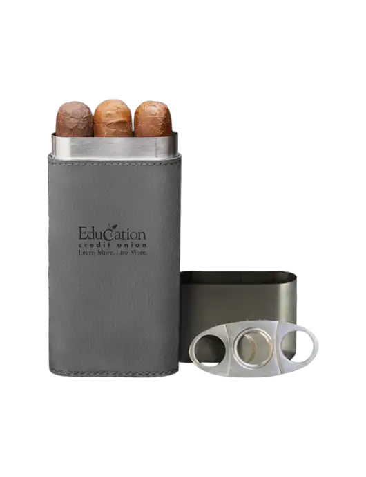 Grey Leatherette Cigar Case with Cutter w/Education Credit Union Logo