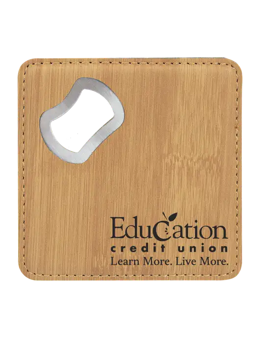 Bamboo Leatherette Coaster with Bottle Opener w/Education Credit Union Logo