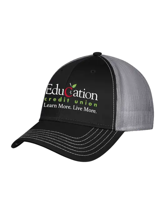 Black/Medium Dark Grey Mesh Trucker Cap Snap Back w/Education Credit Union Logo