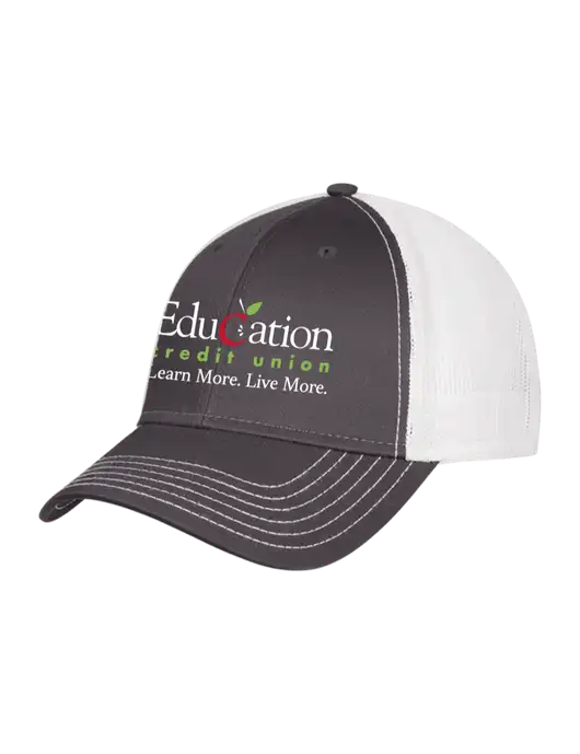 Dark Grey/White Mesh Trucker Cap Snap Back w/Education Credit Union Logo
