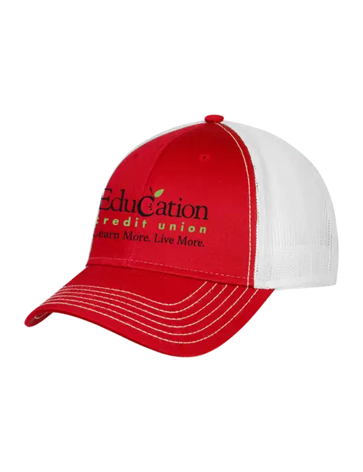 Red/White Mesh Trucker Cap Snap Back w/Education Credit Union Logo