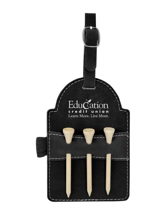 Black Leatherette Golf Bag Tag with 3 Wooden Tees w/Education Credit Union Logo