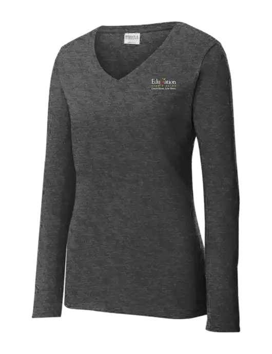 Womens  V-Neck Ring Spun Dark Heather Grey 4.5 oz Long Sleeve T-Shirt w/Education Credit Union Logo