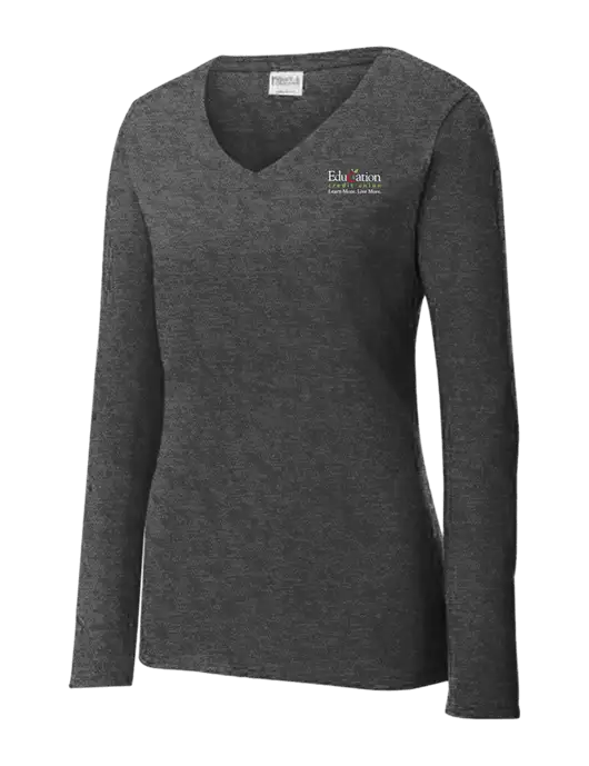 Womens  V-Neck Ring Spun Dark Heather Grey 4.5 oz Long Sleeve T-Shirt w/Education Credit Union Logo