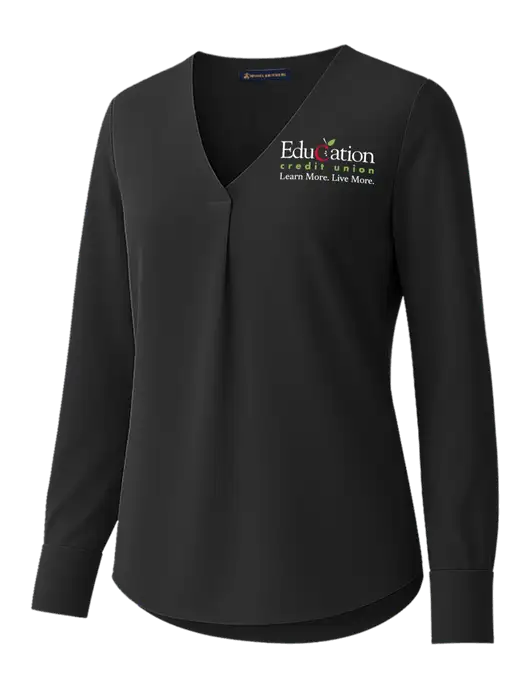 Brooks Brothers Womens Black Open-Neck Satin Blouse  w/Education Credit Union Logo
