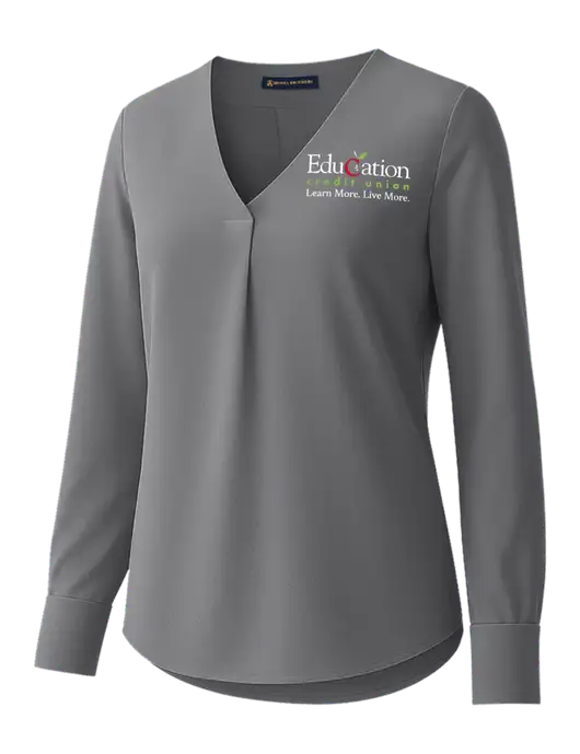Brooks Brothers Womens Medium Grey Open-Neck Satin Blouse  w/Education Credit Union Logo