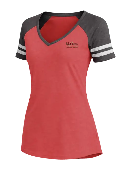 Womens Red Heather/Charcoal Heather V-Neck Game Tee w/Education Credit Union Logo