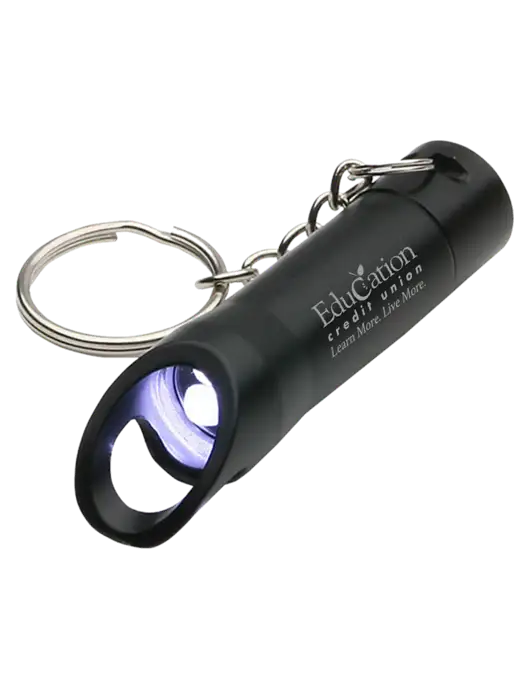 Black Pocket LED Flashlight with Bottle Opener & Keychain w/Education Credit Union Logo