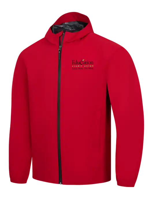 Red Essential Rain Jacket w/Education Credit Union Logo