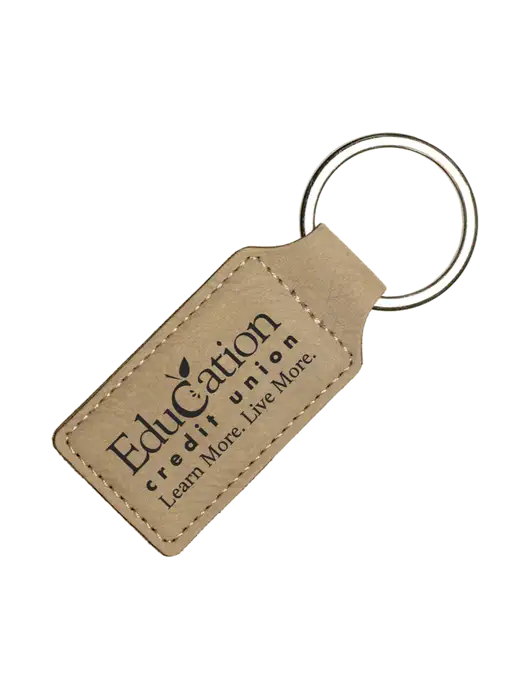 Tan Laserable Leatherette Rectangle Keychain w/Education Credit Union Logo