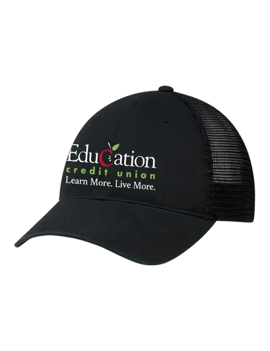 Richardson 111 Garment Washed Trucker Cap Black w/Black Mesh w/Education Credit Union Logo