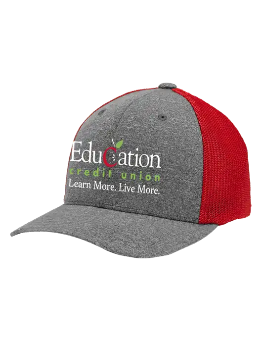 Flexfit Red/Medium Grey Heather Melange Mesh Back Trucker Cap w/Education Credit Union Logo