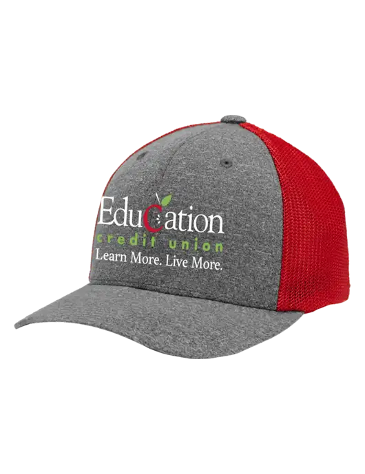 Flexfit Red/Medium Grey Heather Melange Mesh Back Trucker Cap w/Education Credit Union Logo