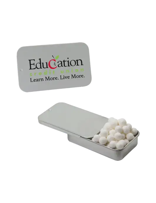 Signature Peppermints In Silver Slider Tin w/Education Credit Union Logo