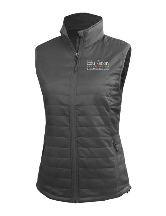 Womens Packable Dark Grey Puffy Vest w/Education Credit Union Logo