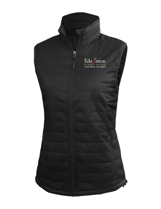 Womens Packable Black Puffy Vest w/Education Credit Union Logo