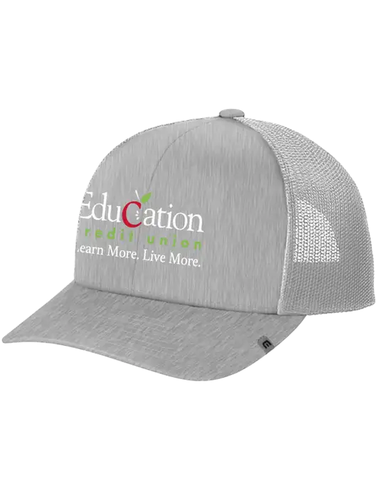 TravisMathew Light Medium Grey Heather Cruz Trucker Cap w/Education Credit Union Logo
